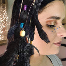 Load image into Gallery viewer, Artful Fantasy Hair - Black with Feathers and rhinestones Bubble Braid ( Fantasy Braids )

