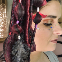Load image into Gallery viewer, Artful Fantasy Hair - Red and Black with Feathers and Spiral Curls Bubble Braid ( Fantasy Braids )
